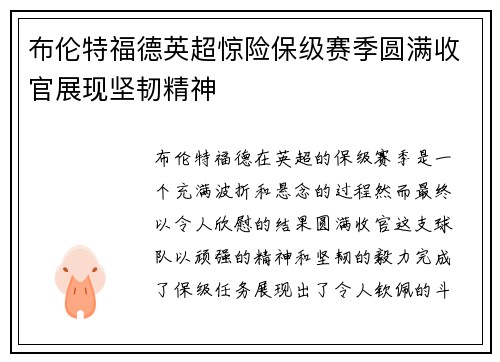 布伦特福德英超惊险保级赛季圆满收官展现坚韧精神
