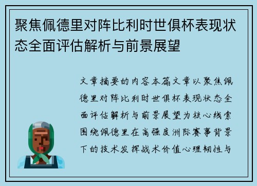 聚焦佩德里对阵比利时世俱杯表现状态全面评估解析与前景展望